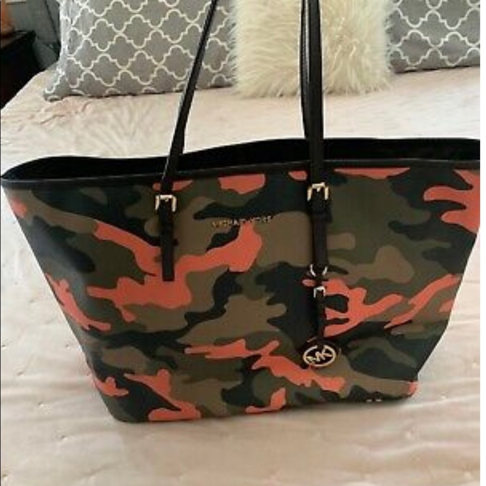 Michael Kors Neon Orange Large Camo Tote Handbag